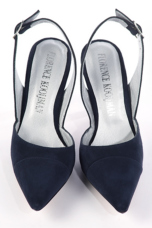 Navy blue women's slingback shoes. Pointed toe. High slim heel. Top view - Florence KOOIJMAN